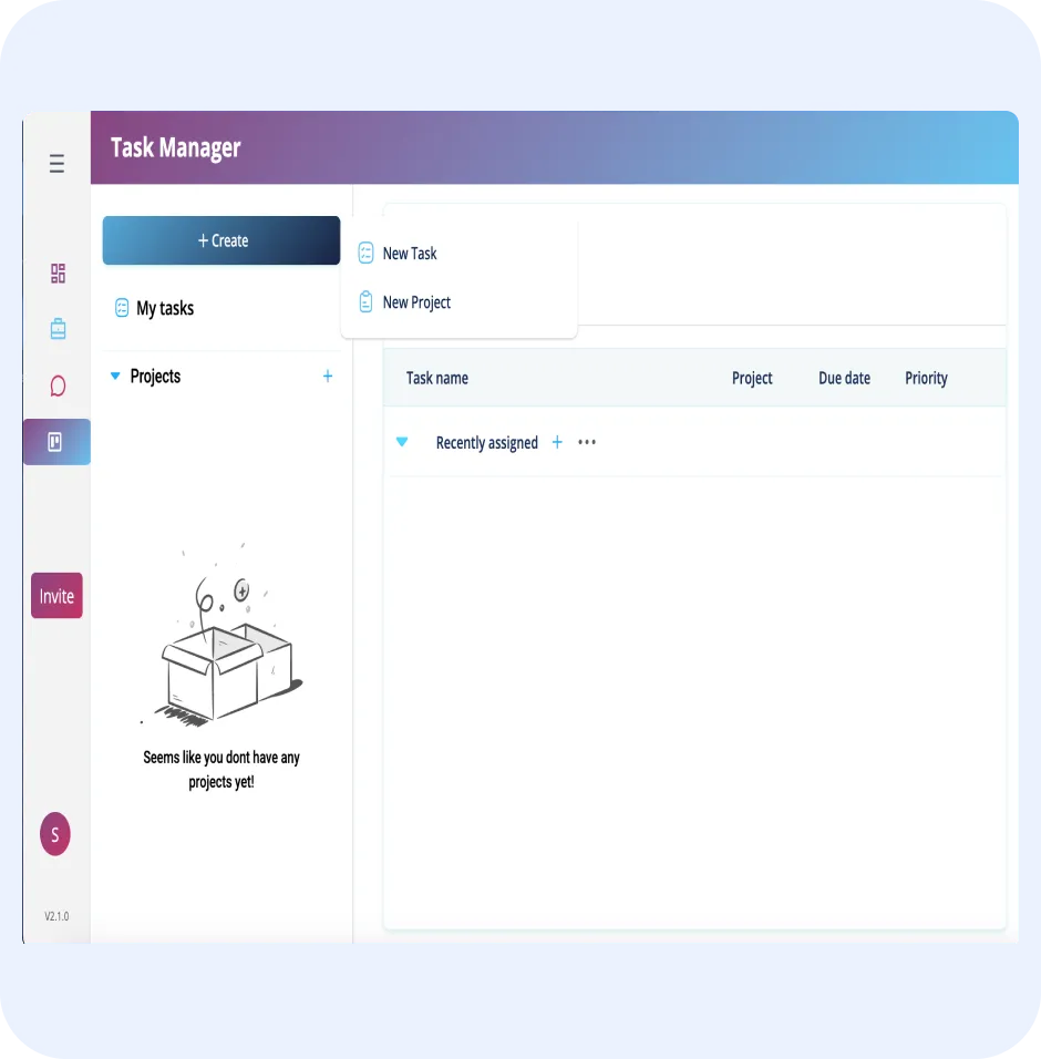 Task Manager interface showcasing options to create new tasks and projects, with a message indicating no current projects, emphasizing ORO AI's productivity features